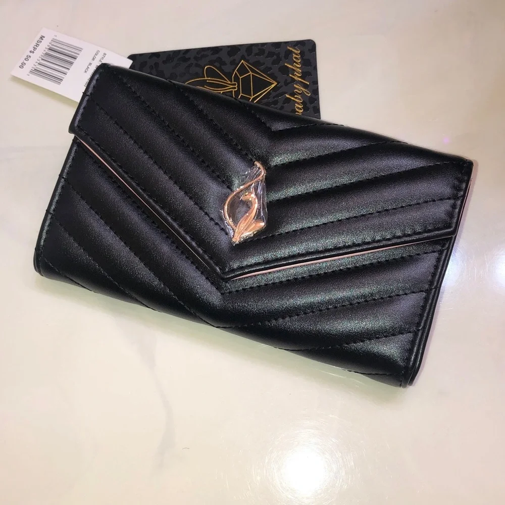 Baby Phat Black Faux Leather Quilted Chevron Flap Clutch Wallet Cat Logo NWT